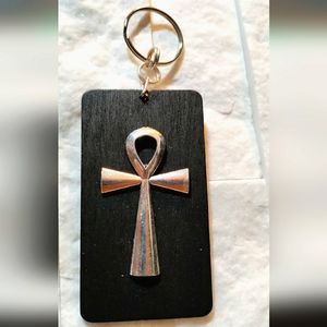 NEW Handcrafted Keychain / Bag Charm! Wood w/Silver Ankh. Unisex.